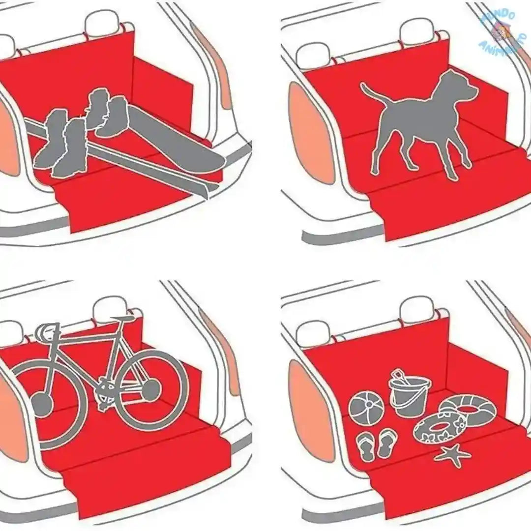 Capa impermeável vermelha para porta-malas de carro transportando cachorro, bicicleta e itens esportivos.