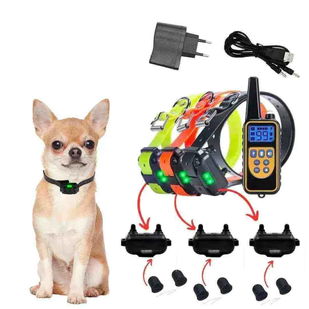 Coleira de adestramento para cachorro com controle remoto, ajuste de intensidade e acessórios.