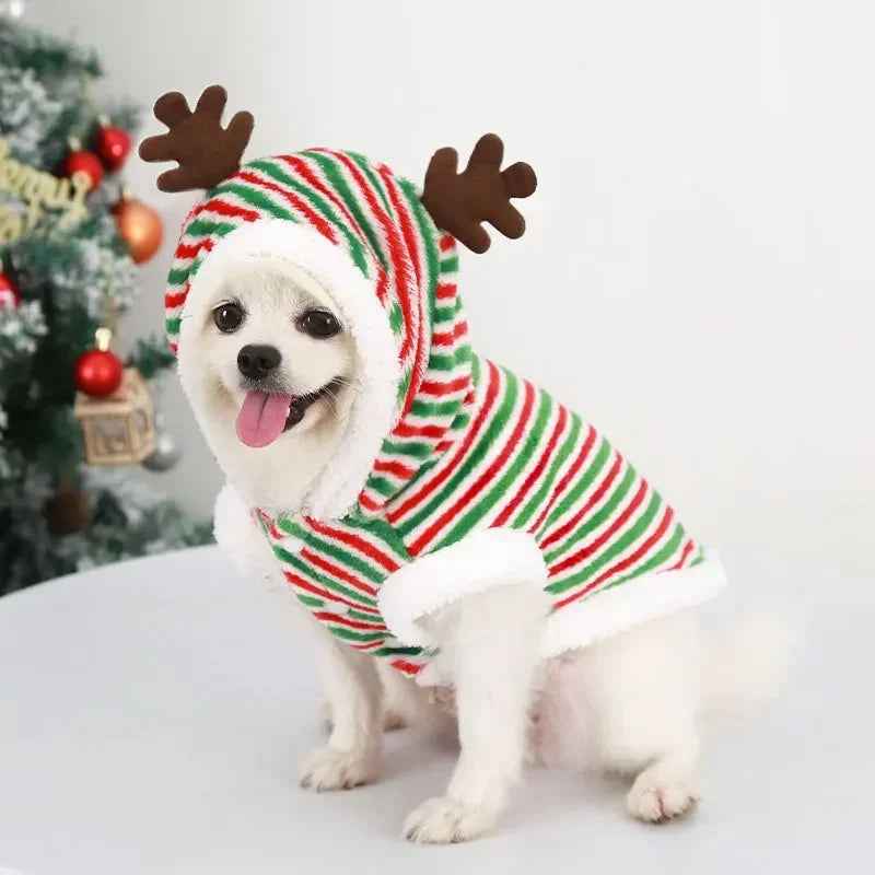 Hoodies do Natal para cães pequenos e médios, roupa do animal de estimação, roupa quente, alces, revestimento de Santa Claus, gato, inverno