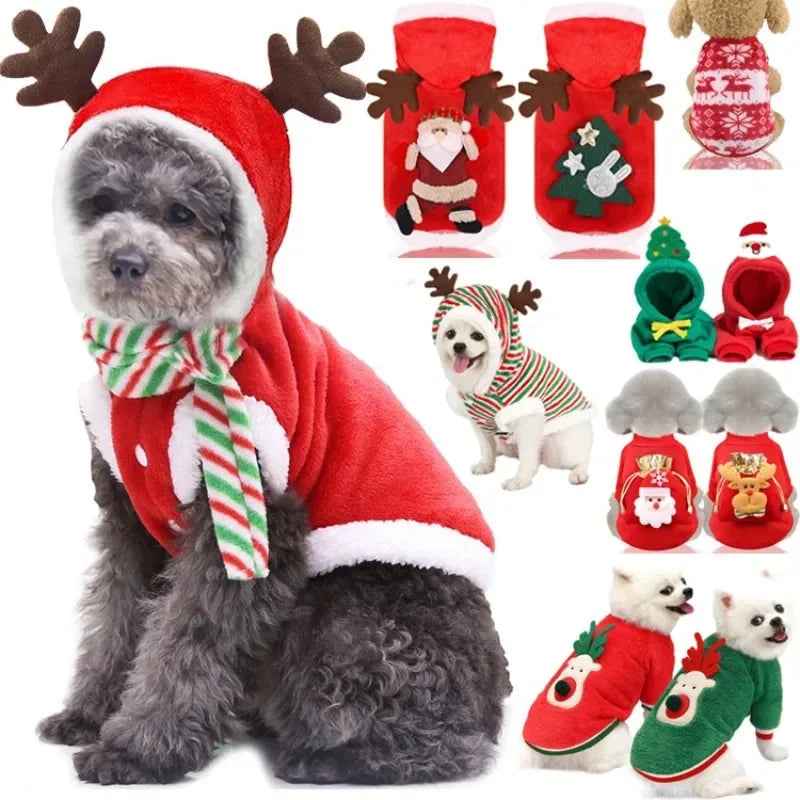 Hoodies do Natal para cães pequenos e médios, roupa do animal de estimação, roupa quente, alces, revestimento de Santa Claus, gato, inverno