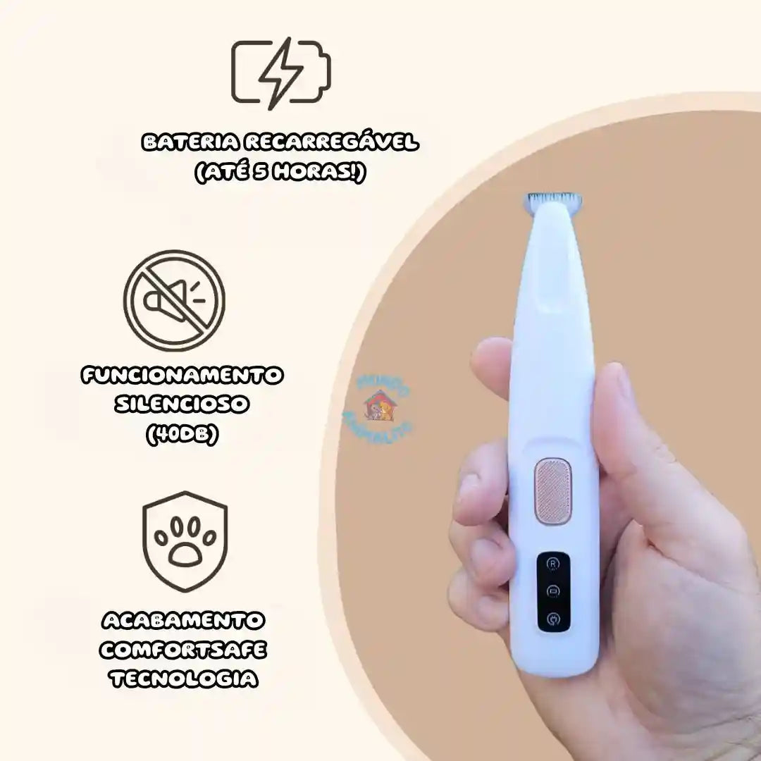 Aparador elétrico de pelos para pets branco, silencioso, recarregável, em mão humana.