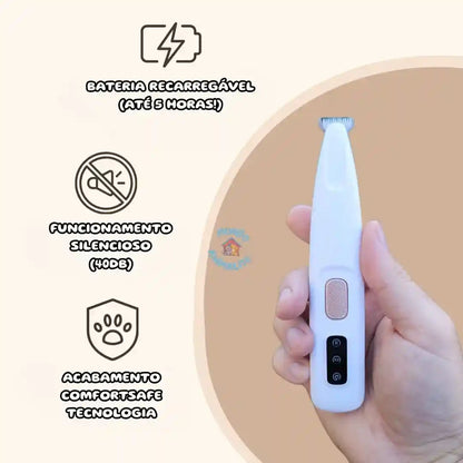 Aparador elétrico de pelos para pets branco, silencioso, recarregável, em mão humana.
