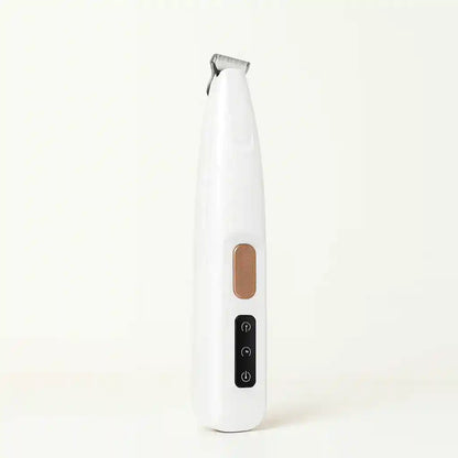 Aparador elétrico de pelos para pets branco com botões pretos em fundo claro.