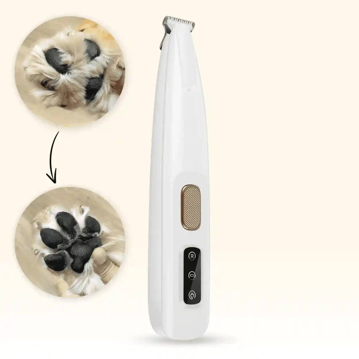 Aparador elétrico de pelos para pets ao lado de patinha antes e depois da tosa.