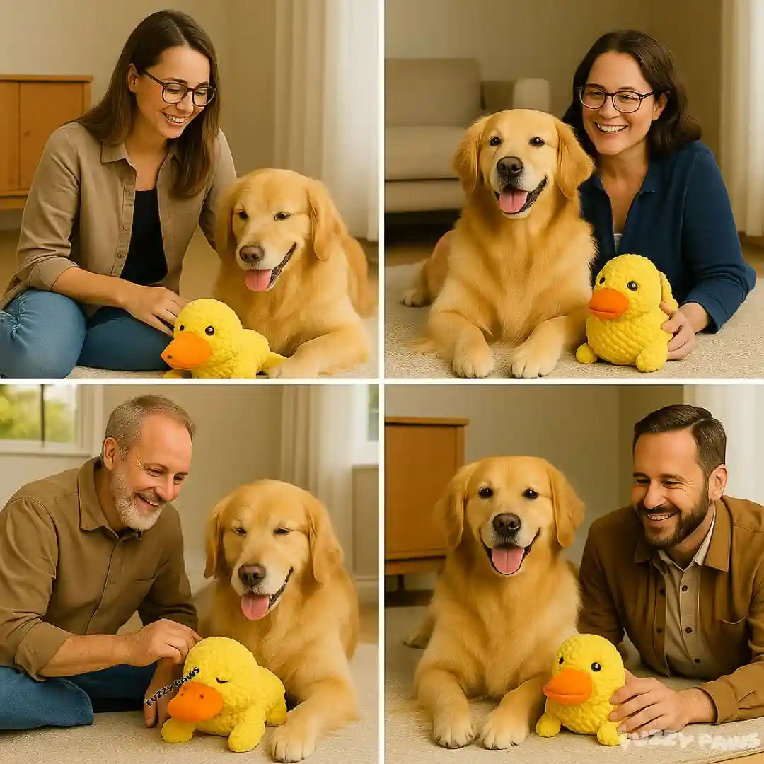 Cachorro golden retriever com brinquedo pato amarelo anti-estresse ao lado de pessoas sorrindo.