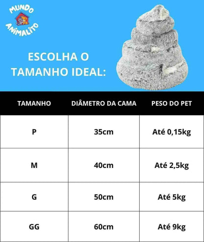 Tabela de tamanhos de cama com cobertor para cães e gatos, opções P a GG e suas medidas.