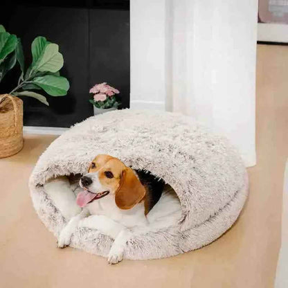 Cachorro em cama de algodão com cobertor, cama aconchegante para cães e gatos