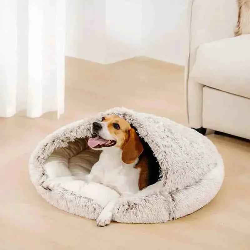 Cachorro em cama de algodão com cobertor cinza para cães e gatos em sala de estar