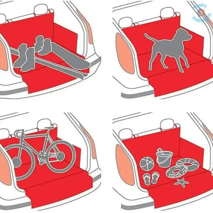 Capa impermeável vermelha para porta-malas de carro transportando cachorro, bicicleta e itens esportivos.