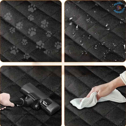 Capa impermeável preta para porta-malas com marcas de patas, fácil de limpar e aspirar.