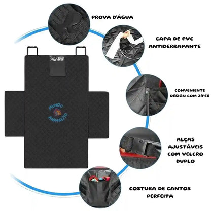Capa impermeável para porta-malas de cachorro preta, com alças, zíper, PVC antiderrapante e bolso.