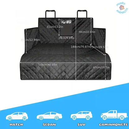Capa impermeável preta para porta-malas de cachorro com medidas, compatível com hatch, sedan, SUV e caminhonete.