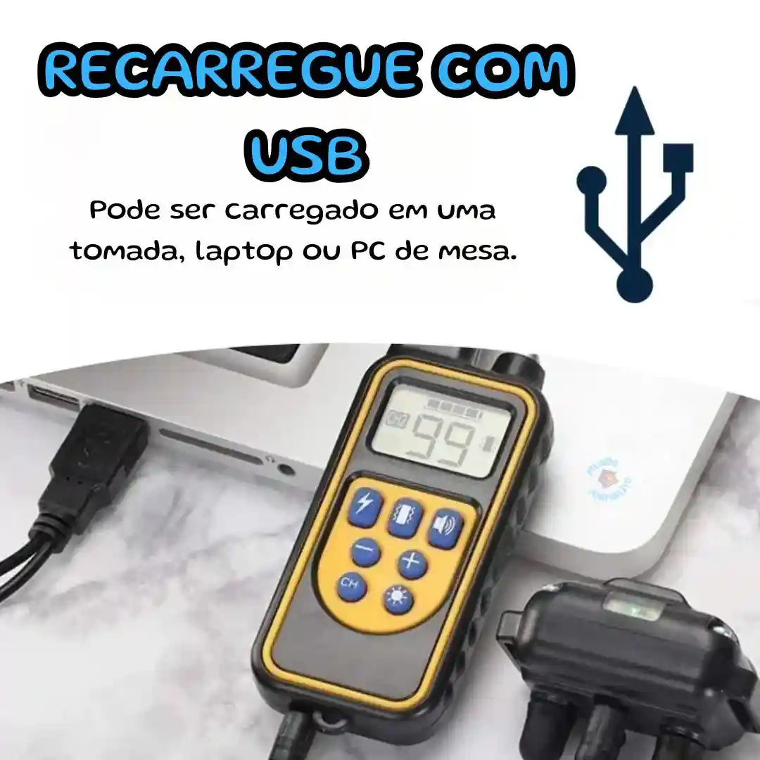 Coleira de adestramento para cachorro com controle recarregando via USB em laptop.