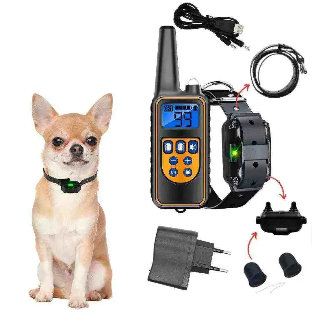 Coleira de adestramento para cachorros com controle remoto, acessórios e cachorro pequeno.