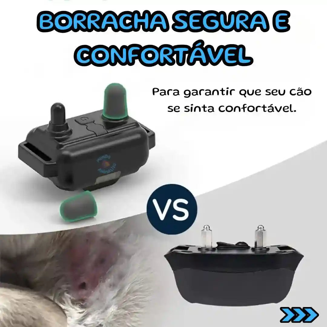 Coleira de adestramento para cachorro com borracha segura e confortável, comparação visual.