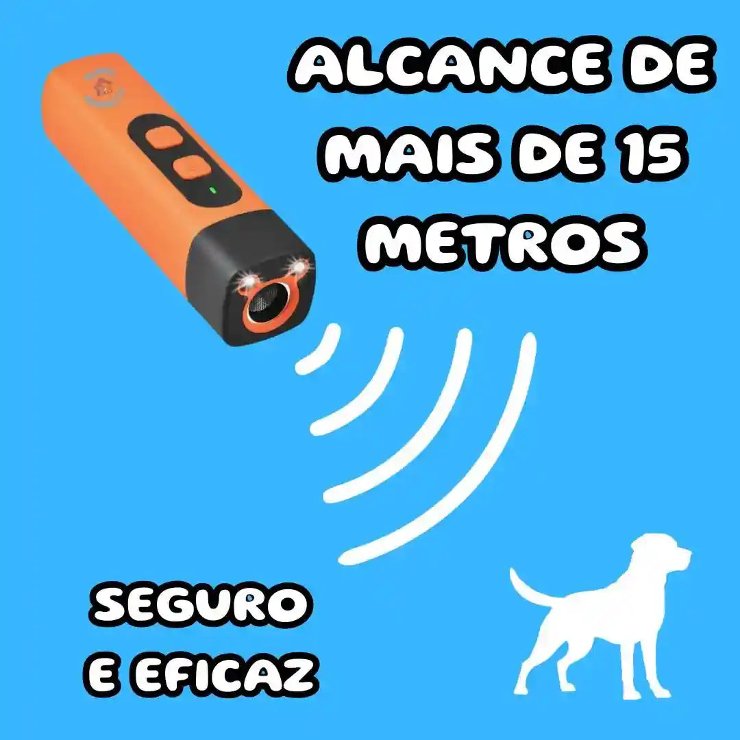 Dispositivo ultrassônico de controle de latidos laranja, seguro, eficaz, alcance de 15 metros, com silhueta de cachorro.