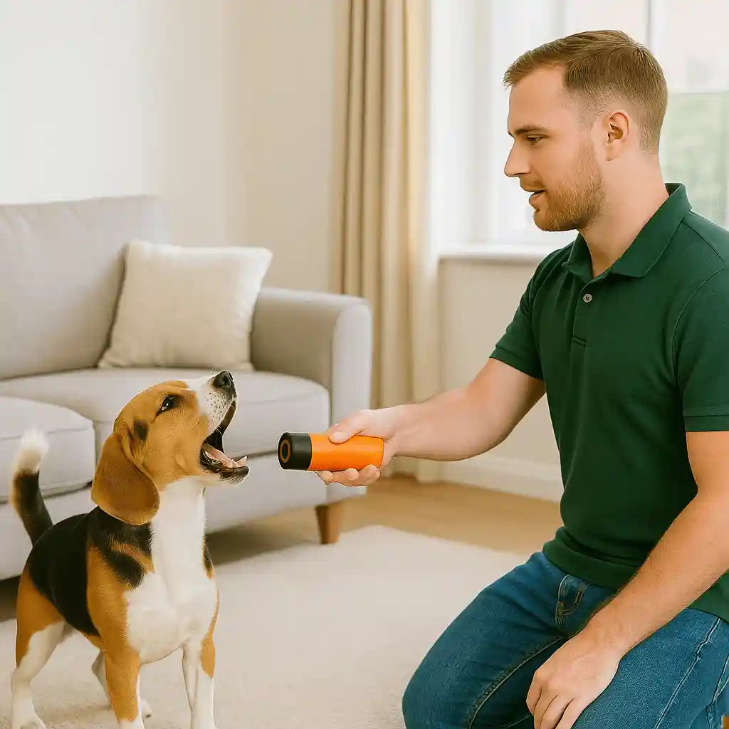 Homem usando dispositivo ultrassônico para controle de latidos em cachorro dentro de casa
