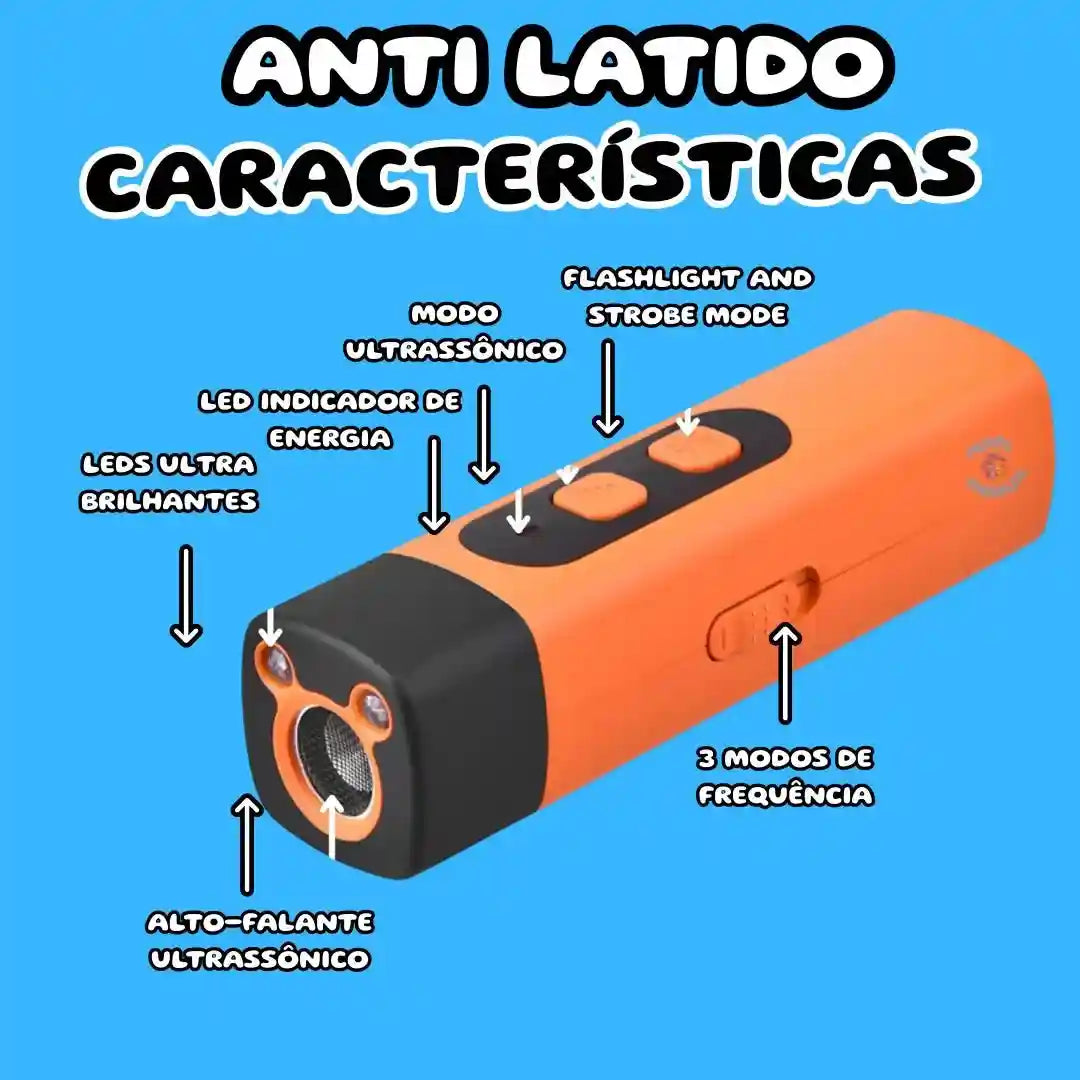 Dispositivo ultrassônico anti latido laranja com botões, LEDs e alto-falante, em fundo azul.
