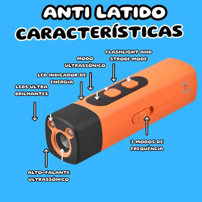 Dispositivo ultrassônico anti latido laranja com botões, LEDs e alto-falante, em fundo azul.