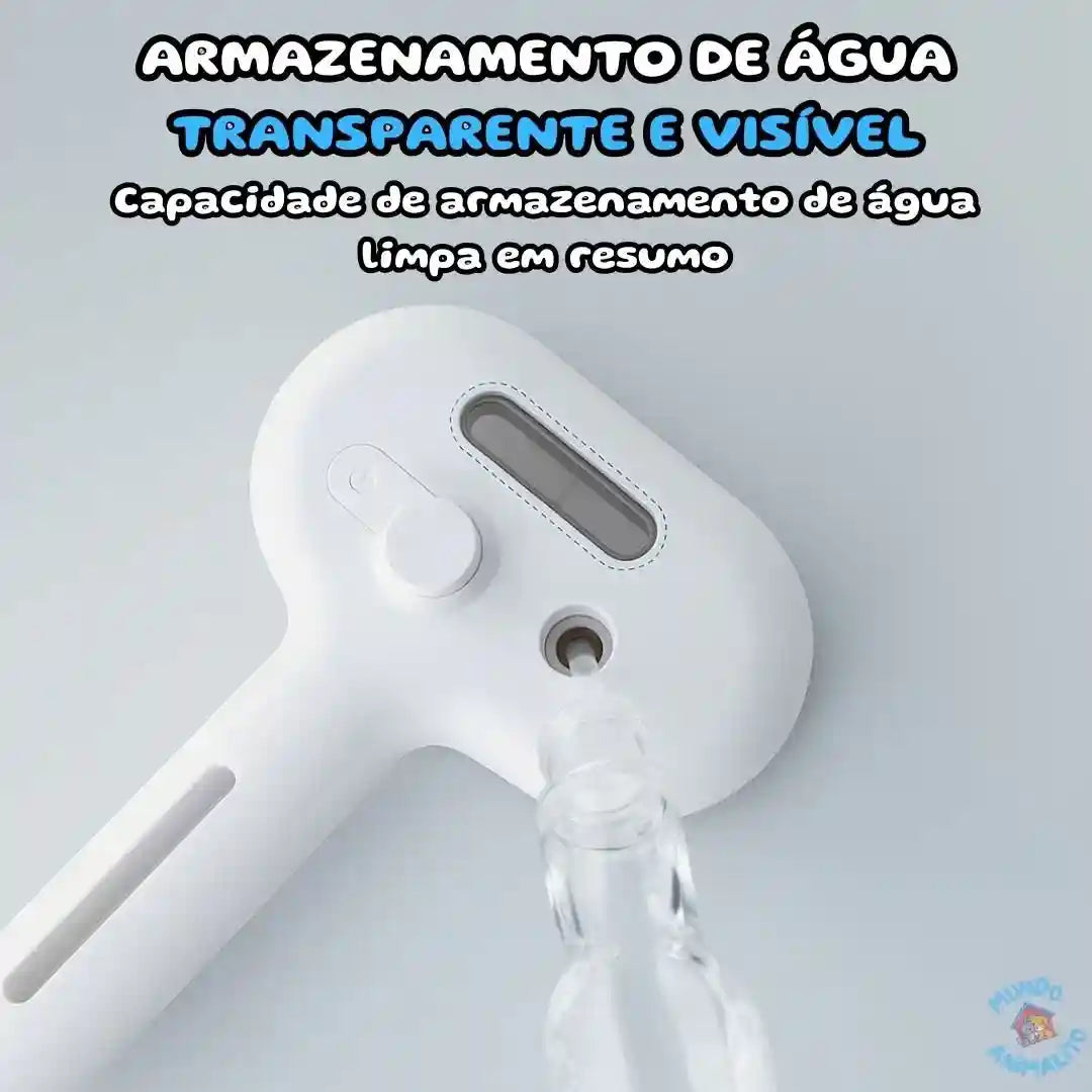 Escova spray massageadora branca com reservatório de água transparente, detalhe para enchimento.
