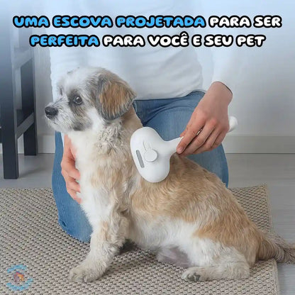 Pessoa usando escova massageadora removedora de pelos em cachorro sobre tapete