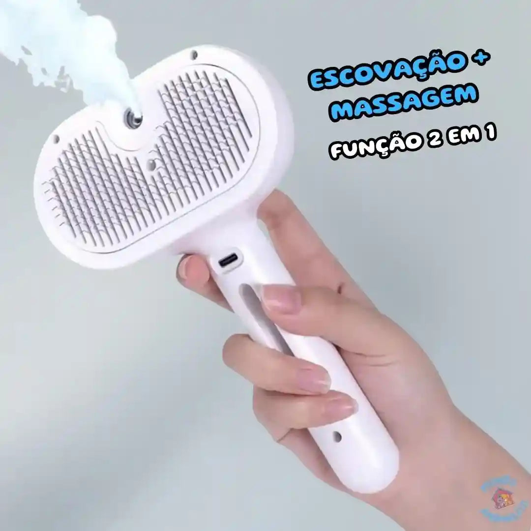 Escova massageadora branca com spray para remoção de pelos de pets, função 2 em 1.