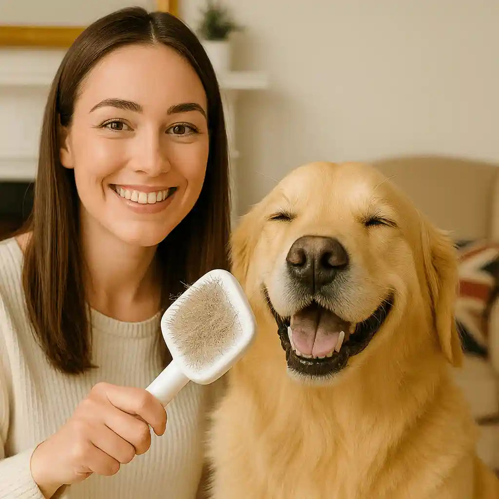 Mulher sorrindo escova cão dourado com escova removedora de pelos para pets