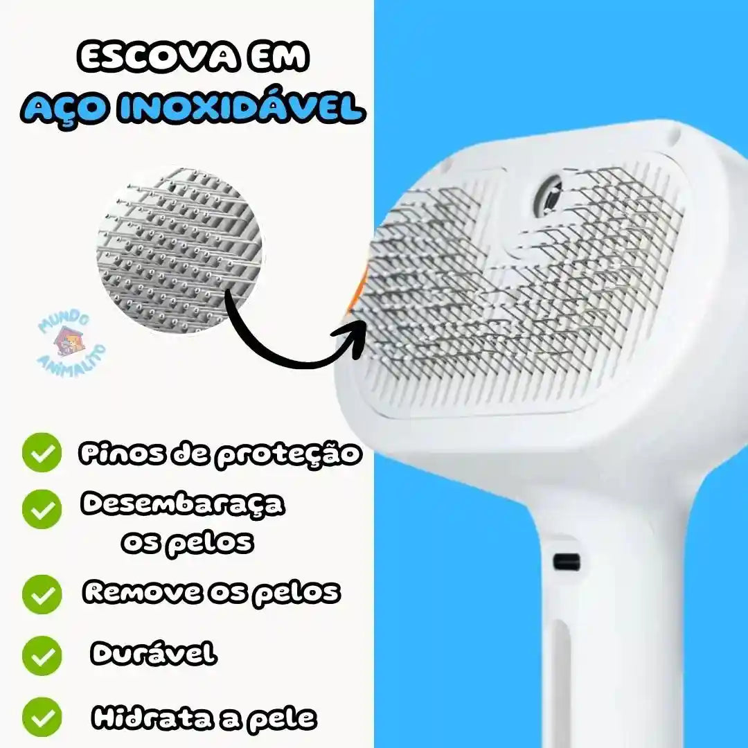 Escova massageadora e removedora de pelos em aço inoxidável, branca, para pets.