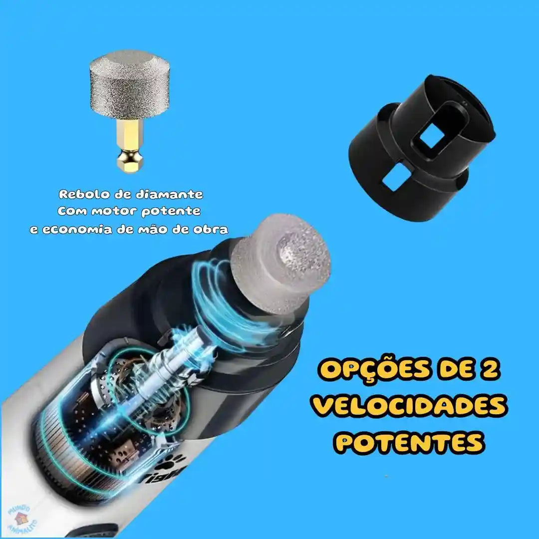 Lixador elétrico de unhas para cachorros com rebolo de diamante e duas velocidades, fundo azul.