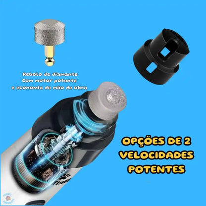 Lixador elétrico de unhas para cachorros com rebolo de diamante e duas velocidades, fundo azul.