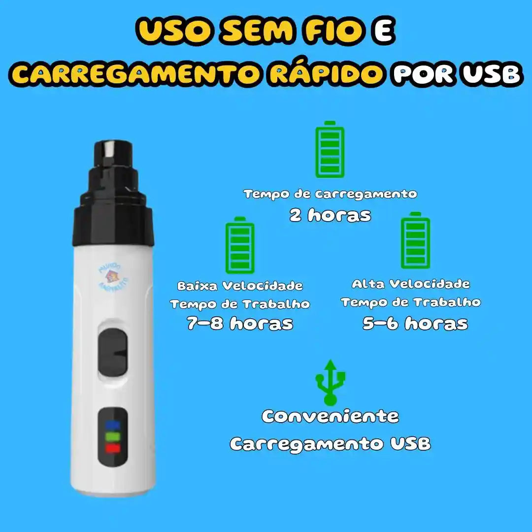 Lixador elétrico de unhas para cachorros branco, sem fio, com carregamento rápido via USB.