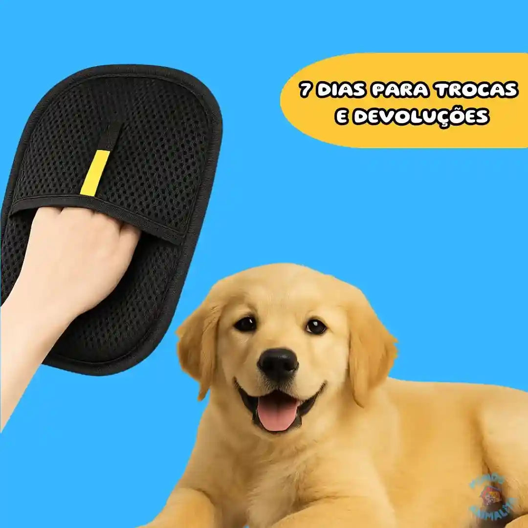 Luva removedora de pelos preta para cães e gatos com filhote de cachorro amarelo em fundo azul.