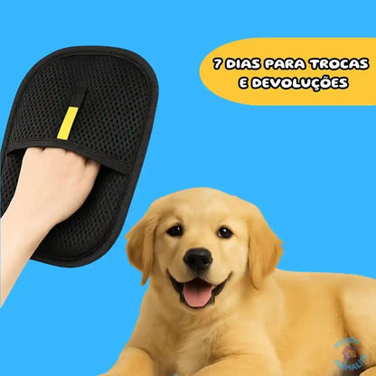 Luva removedora de pelos preta para cães e gatos com filhote de cachorro amarelo em fundo azul.