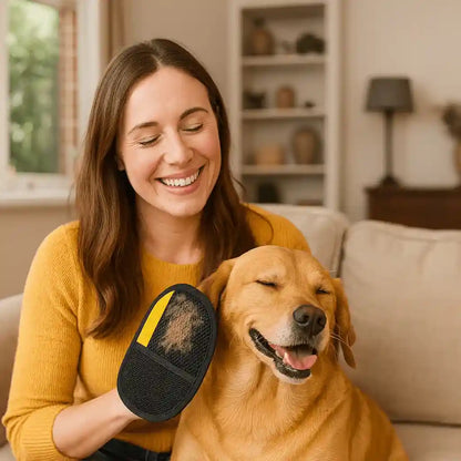 Mulher usando luva removedora de pelos preta em cachorro feliz no sofá de casa