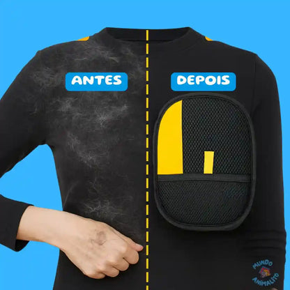 Luva removedora de pelos para cães e gatos, mostrando antes e depois em camiseta preta.
