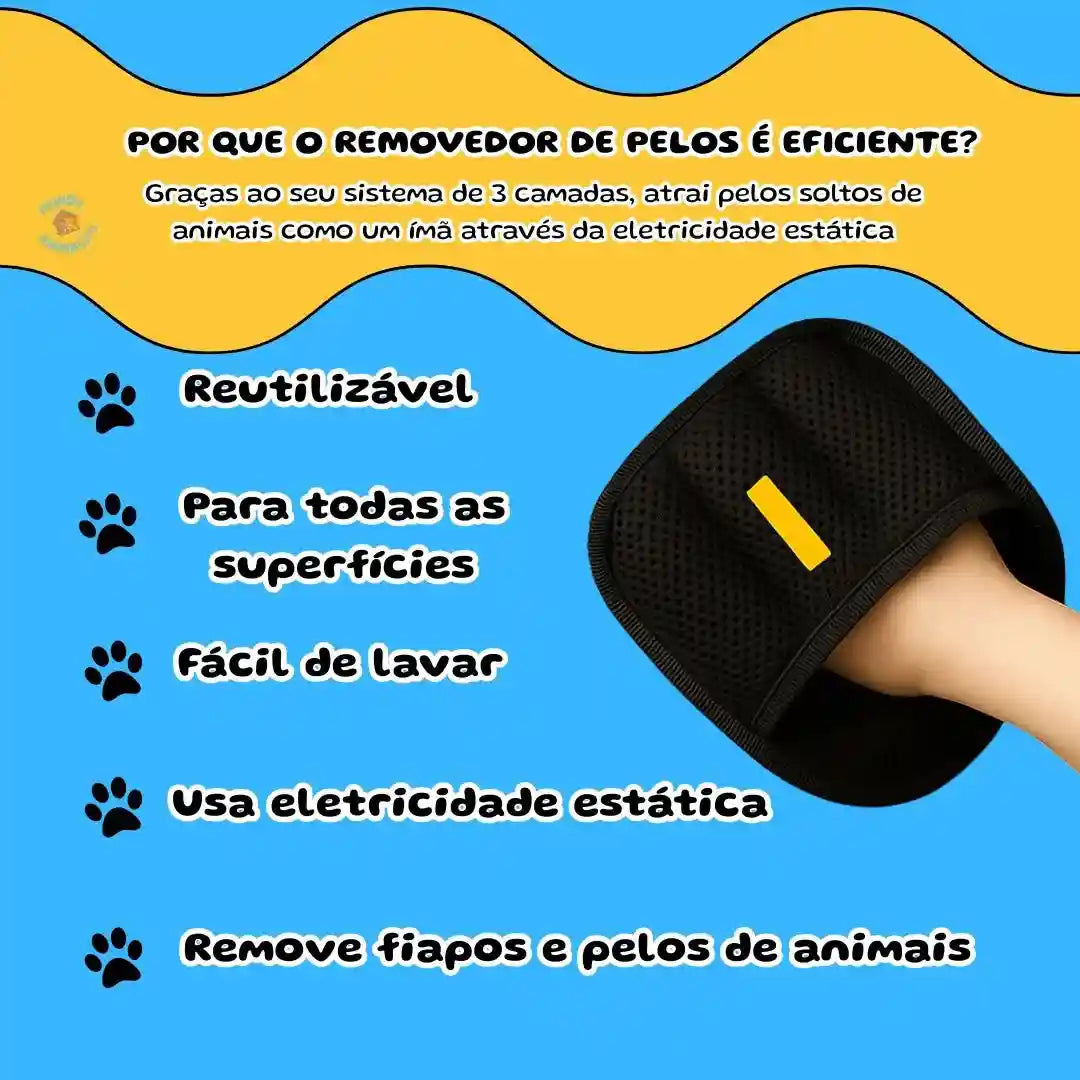 Luva removedora de pelos preta para cães e gatos em mão, sobre fundo azul com texto explicativo.