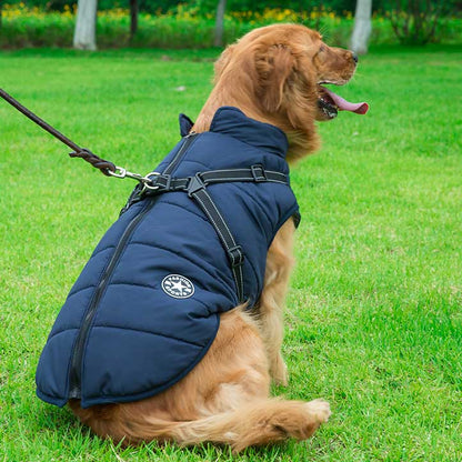 blue padded winter dog coat with built in harness