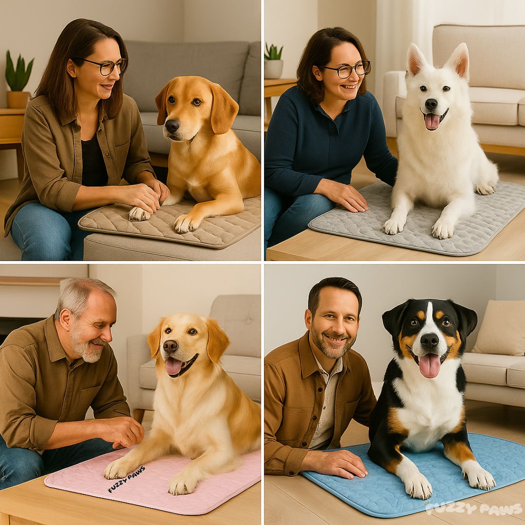 Tapete gelado para cães de várias raças com tutores em sala, conforto e refrigeração pet.