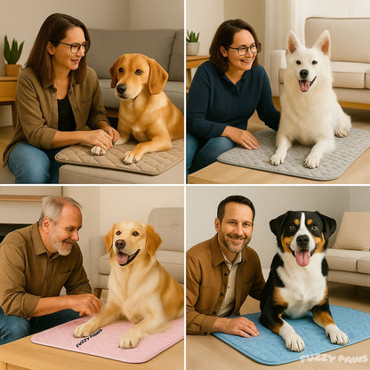 Tapete gelado para cães de várias raças com tutores em sala, conforto e refrigeração pet.
