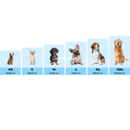 Tabela de tamanhos de tapete gelado para cachorros, com cães de vários portes e medidas.